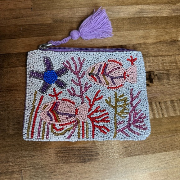 America & Beyond Beaded Coin Pouch Ocean Fish Starfish Tassel - Picture 2 of 5